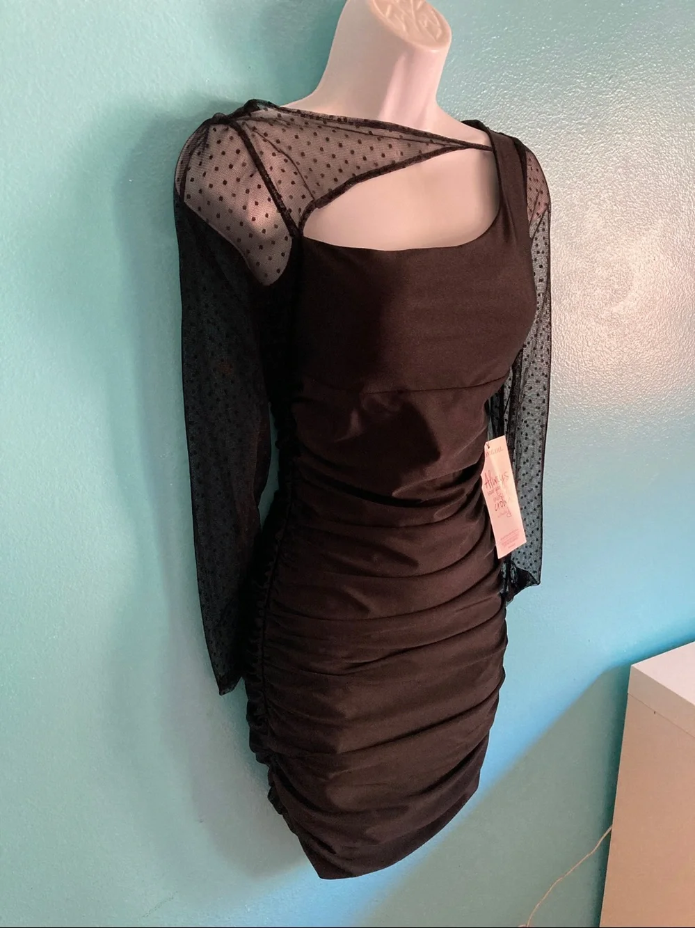VINTAGE Deadstock NWT Atria Black Ruched Mesh Illusion Bodycon Prom Mini Dress M
